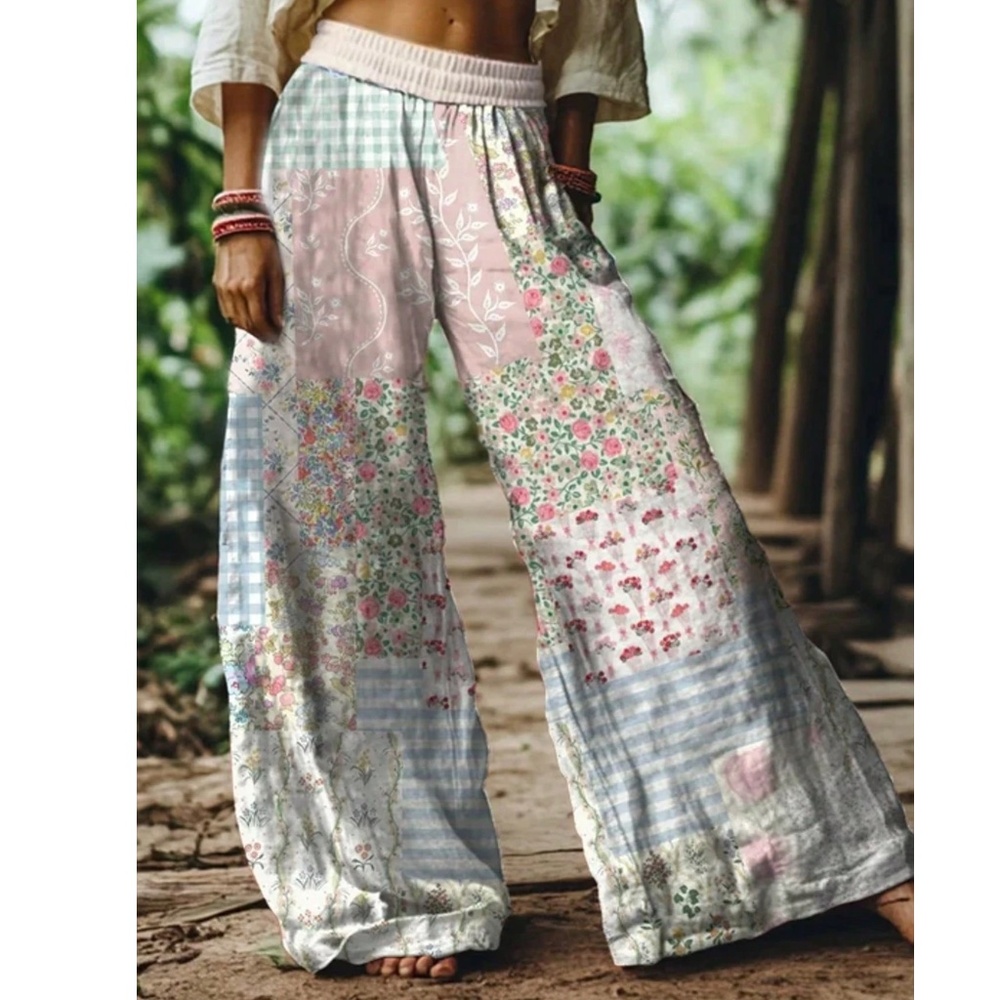 Boho Floral Print Mid waist Wide leg Pants